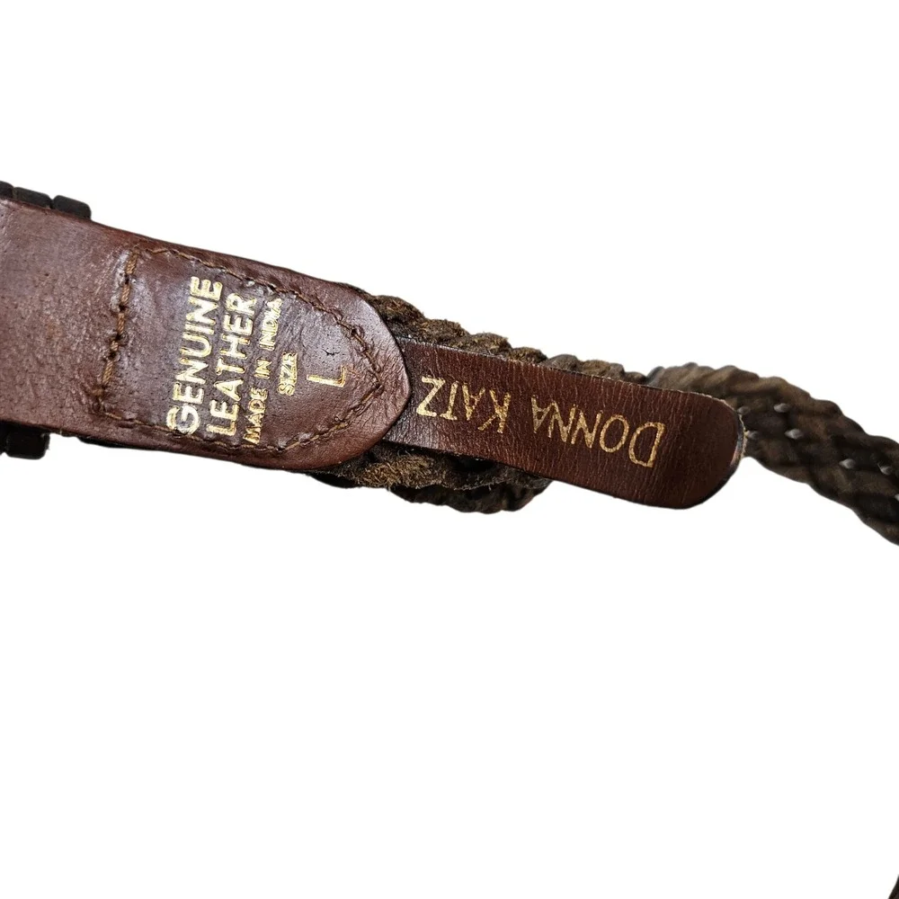Donna Katz Basic Braided Leather Belt Brass Buckle Woven Brown Belt Large Office